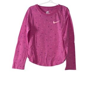 Nike Girls Pink Long Sleeve Shirt With Multicolor Swoosh Print - Size L 9/10 - C